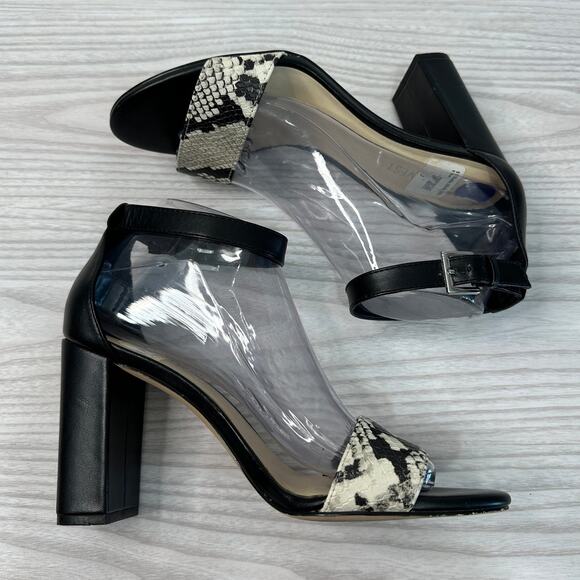 Nine West Sandals WMNS 8.5M Black Silver Snake Print Leather Ankle Strap Heeled - Picture 7 of 9